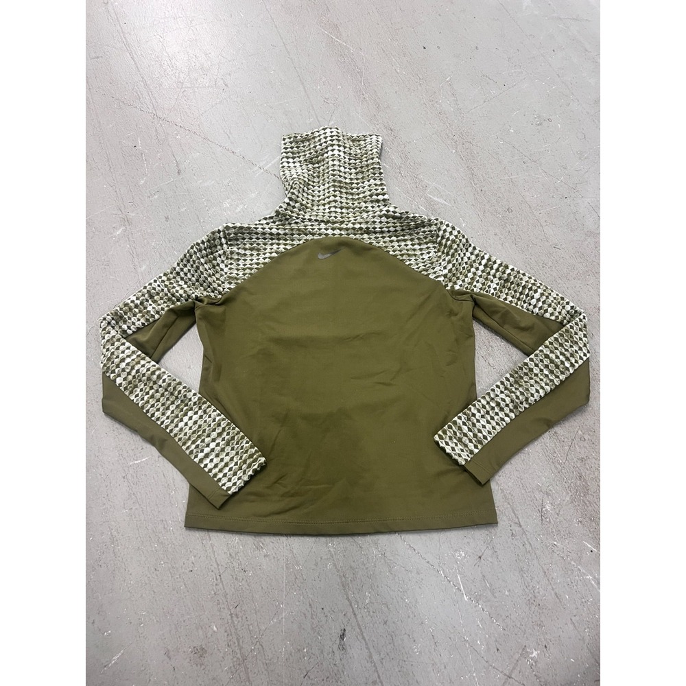 Nike Pro Hyperwarm Top Womens Medium Olive Green Geometric Long Sleeve Mock Neck